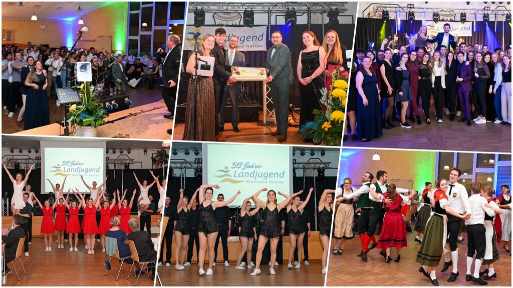 Eine Collage aus 6 Bildern mit Eindrücken vom Fest in Münstermaifeld. Unter anderem sieht man Redner, den Vorstand der Landjugend und Auftritte mehrerer Tanzgruppen