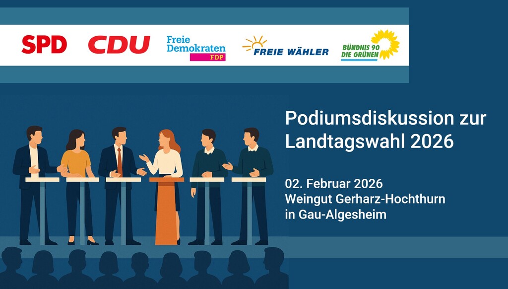 Grafik im flat style design zeigt ein Podium mit 5 Gästen und einer Moderatorin, die vor einem Publikum diskutieren