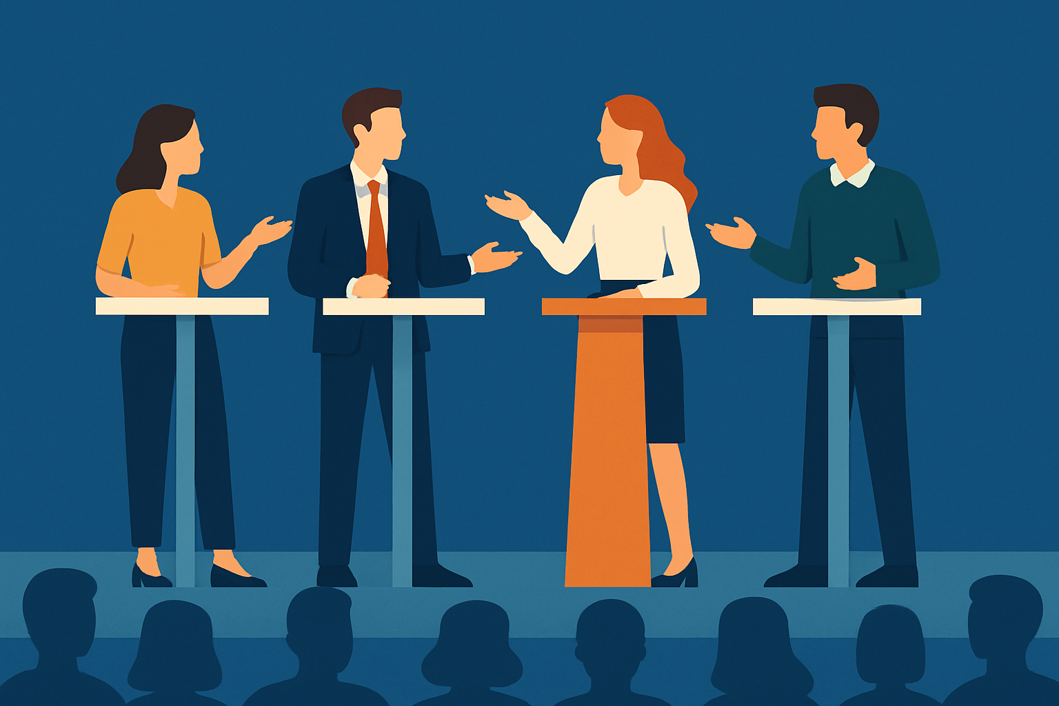 Stilisierte Comicgrafik, die vier Personen an Stehtischen zeigt, die miteinander diskutieren