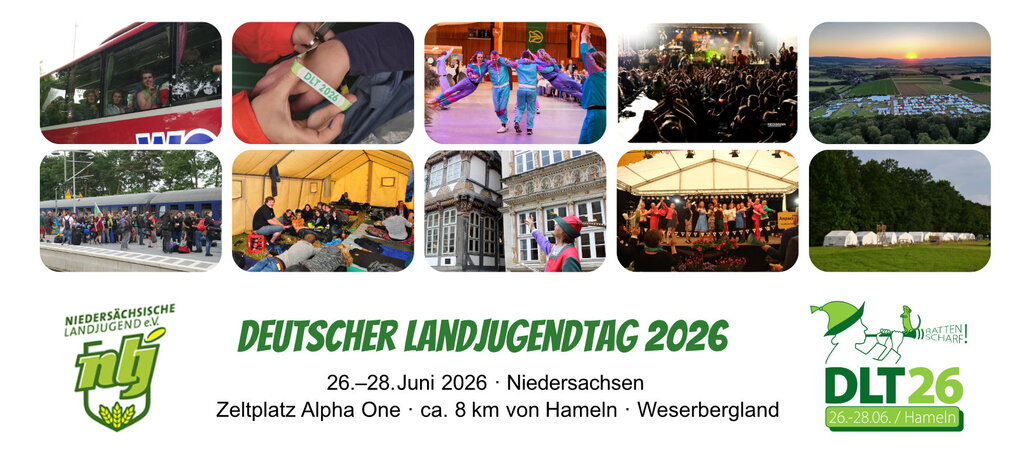 Ein Banner mit Symbolbildern zum Landjugendtag und den Logos des DLTs und der Niedersächsichen Landjugend