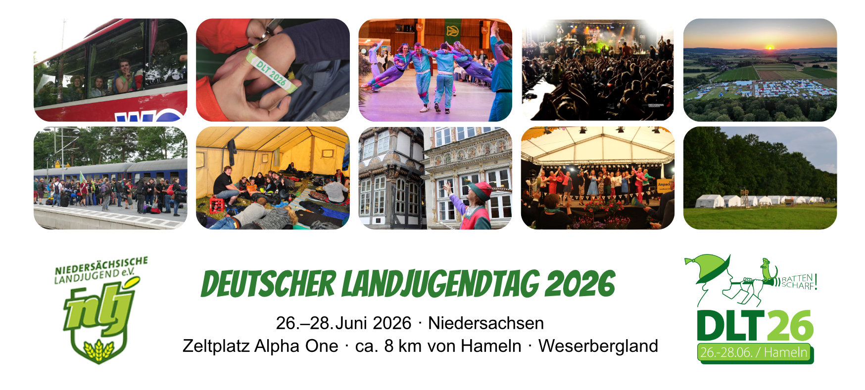 Ein Banner mit Symbolbildern zum Landjugendtag und den Logos des DLTs und der Niedersächsichen Landjugend