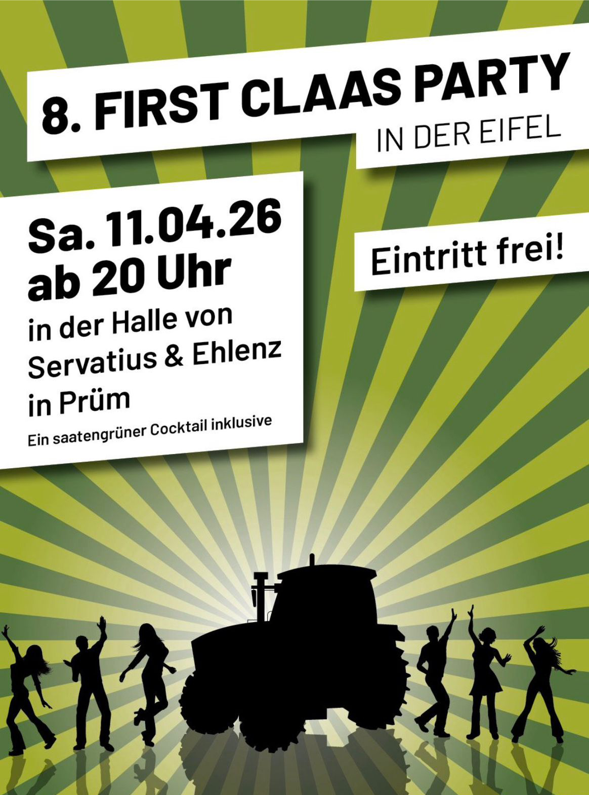 Flyer zur First-Claas-Party der Landjugend Eifel, gezeigt wird die Silhouette eines Traktors mit tanzenden Figuren drumherum