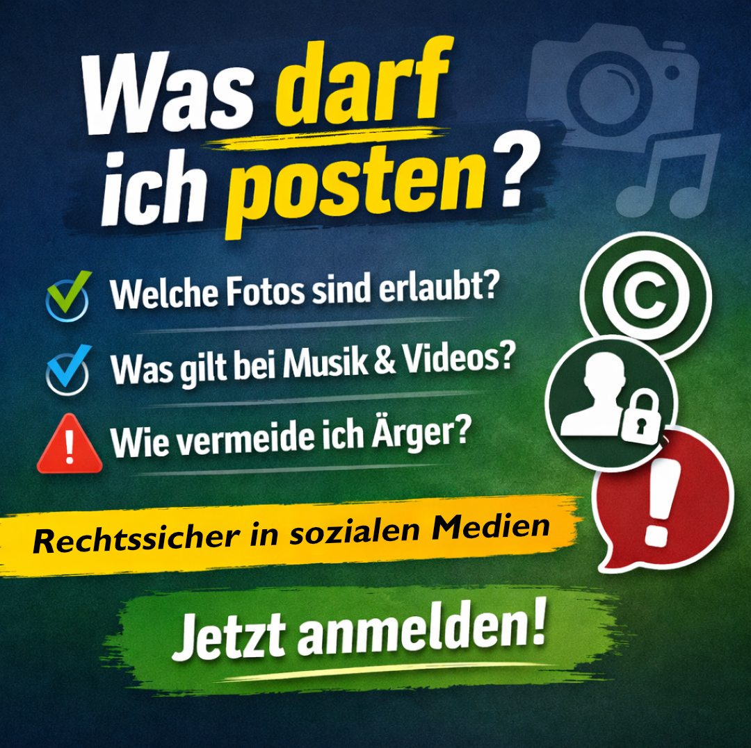 Werbegrafik für das Webseminar zum rechtssicheren Umgang mit Fotos, Musik und Videos in sozialen Medien