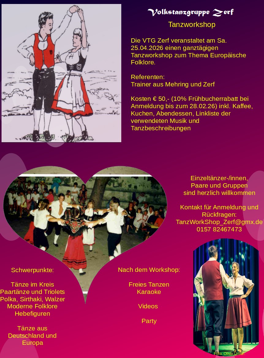 Flyer zum Tanzworkshop der Volkstanzgruppe Zerf Mit Fotos von Auftritten
