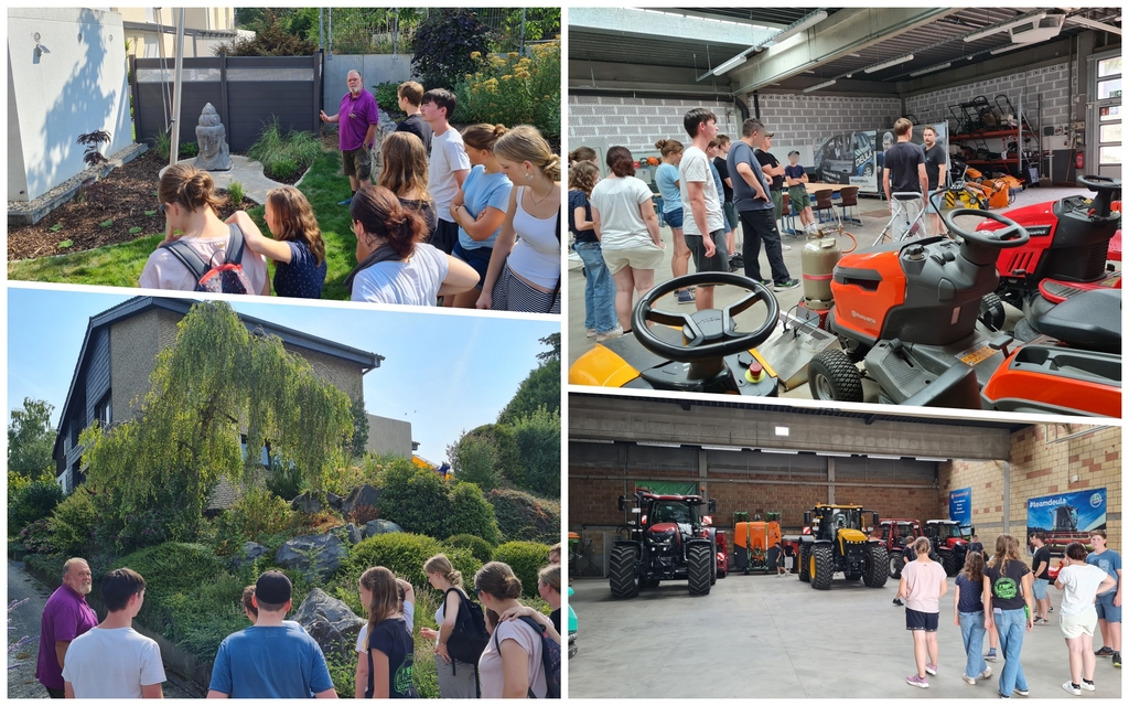 Collage aus vier Fotos, zwei zeigen Gartenanlagen, zwei zeigen Hallen der Deula