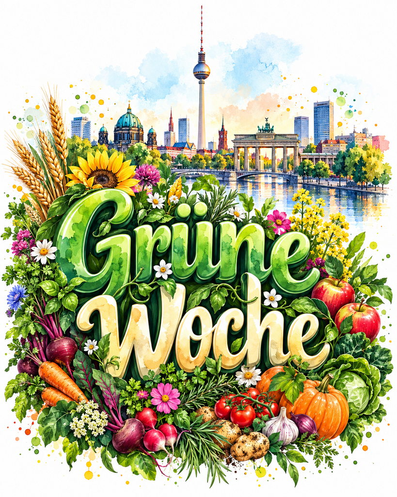 Stilisierte Skyline von Berlin mit einem bunten Schriftzug "Grüne Woche" und vielen Blumen und Nutzpflanzen im Vordergrund