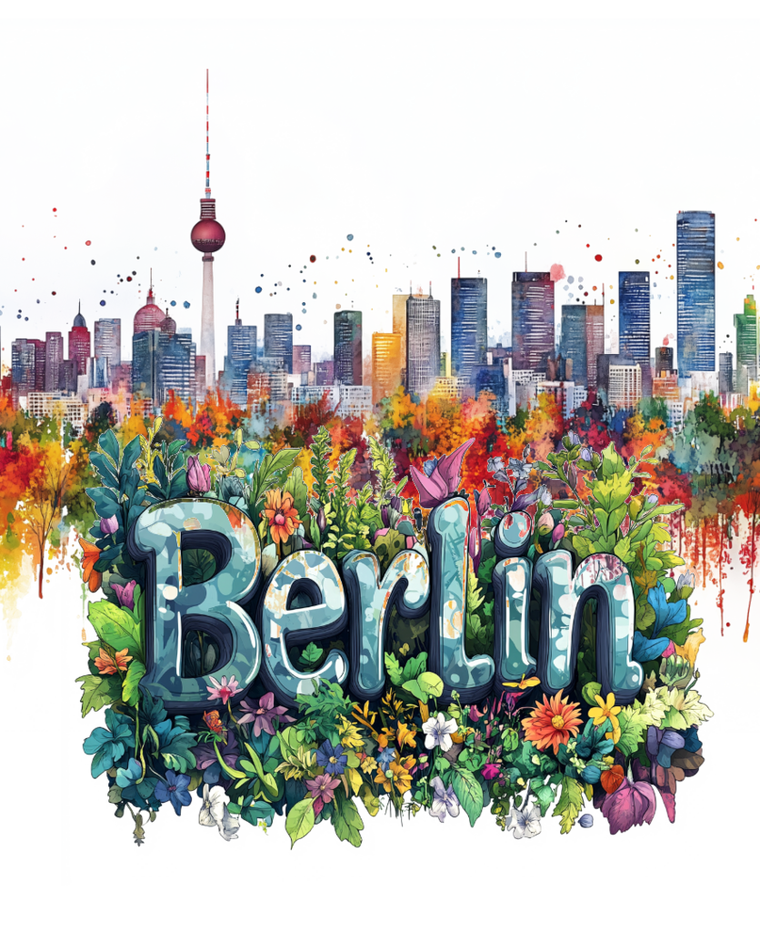 Stilisierte Skyline von Berlin mit Blumen und Pflanzen im Vordergrund